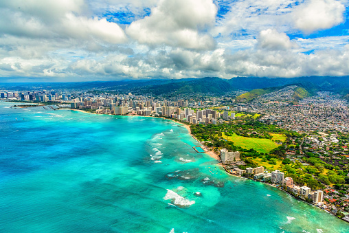 The beautiful city of Honolulu, Hawaii located on the island of Oahu shot from about 1000 feet in altitude.