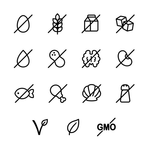 Nutrition labels icon set Set of ingredient icons for nutrition labels. Allergies (gluten free, dairy, soy, nut and more), sugar and salt, vegetarian and organic symbols. atkins diet stock illustrations