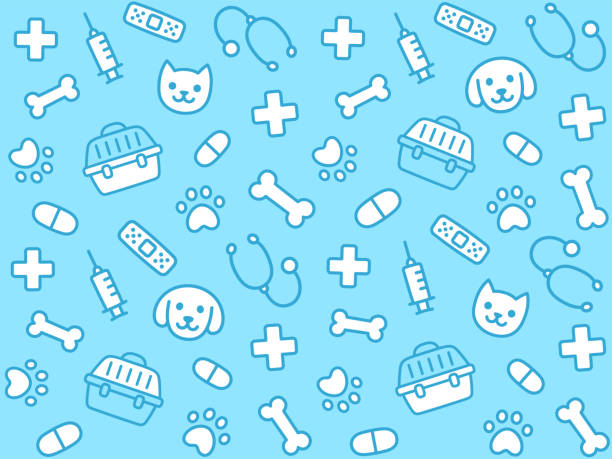 Cute vet seamless pattern Cute vet seamless pattern. Hand drawn background of pet faces and veterinary equipment. pet toy stock illustrations