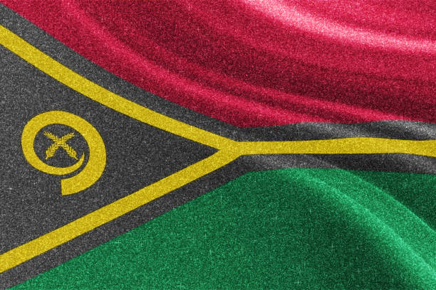 Vanuatu flag on flagpole waving cloudy sky background realistic 3d illustration with copy space