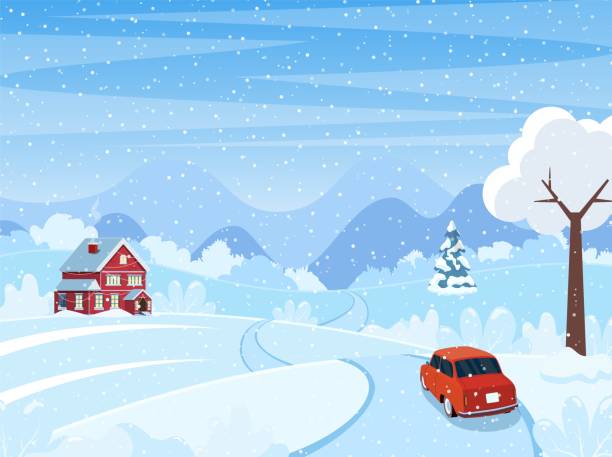bildbanksillustrationer, clip art samt tecknat material och ikoner med bil på vägen. söt vinterlandskap - vinter väg bil