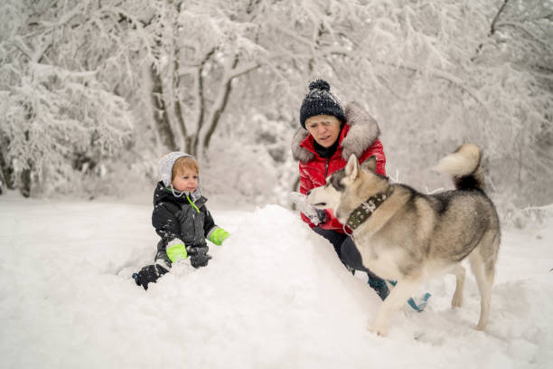 istock Mother with toddler son making snowman 1296852435