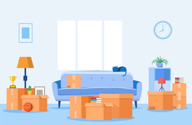 ilustrações de stock, clip art, desenhos animados e ícones de moving concept of home interior - cat box