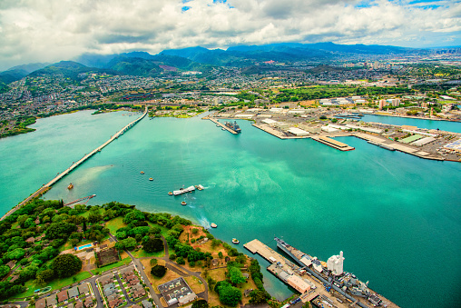 Honolulu, United States - June 18, 2017:  Wide angle aerial view of Pearl Harbor, Hawaii located on the island of Oahu just outside of Honolulu.