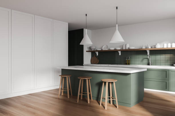 istock White and green kitchen corner with bar and stools 1296853125