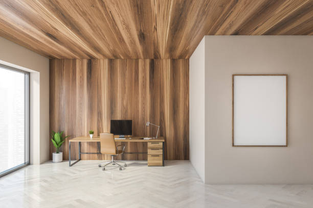istock Beige and wooden CEO office interior with poster 1296853356