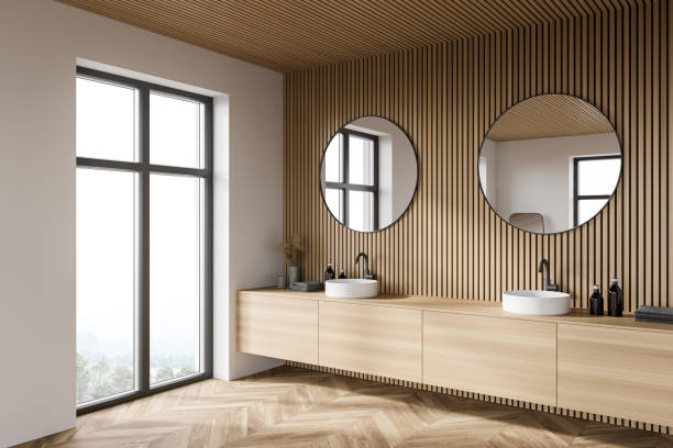 istock Wooden bathroom corner with double sink 1296854531