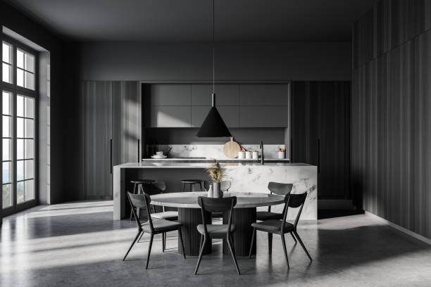 istock Gray and wooden kitchen with table 1296854547