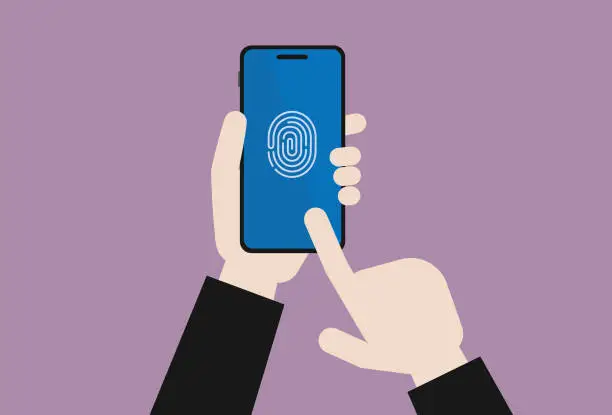 Vector illustration of Businessman uses a fingerprint to unlock a mobile phone