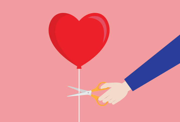 A man holds scissors cut a heart shape balloon Broken Heart, Relationship Breakup, Couple - Relationship, Divorce, Relationship Breakup breaking up stock illustrations