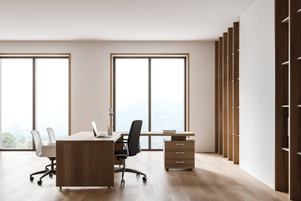 istock White and wooden CEO office interior, side view 1296854975