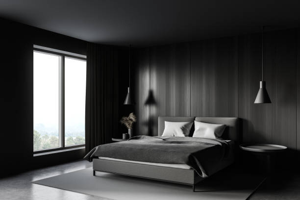 istock Gray and wooden master bedroom corner 1296856315