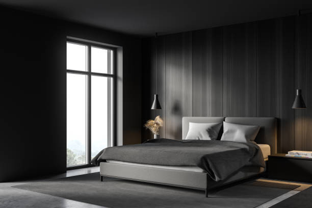 istock Gray and wooden master bedroom corner 1296856406