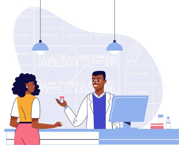 Pharmacy concept with pharmacist and black patient. Doctor pharmacist seller and young african american ethnic woman customer in drugstore. Health care and conceling medication. pharmacist cartoon stock illustrations