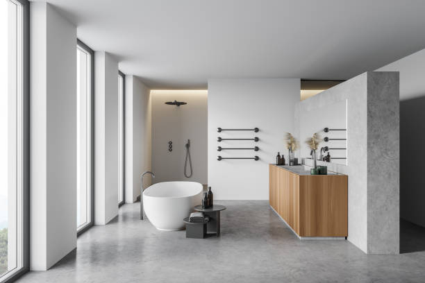 istock Modern white and wooden bathroom, side view 1296857167