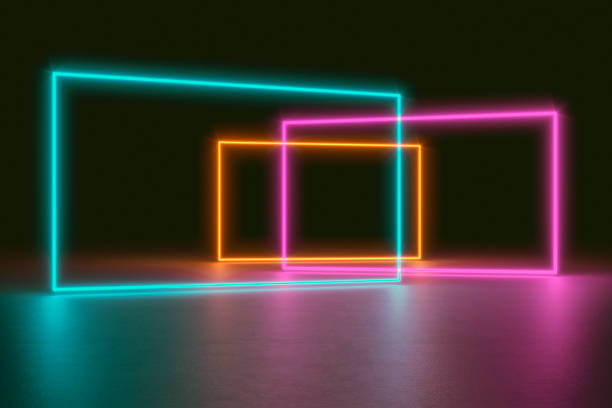 istock Modern empty abstract interior illuminated by rectangle green orange pink neon lights like frames, 80's retro style 1296857355