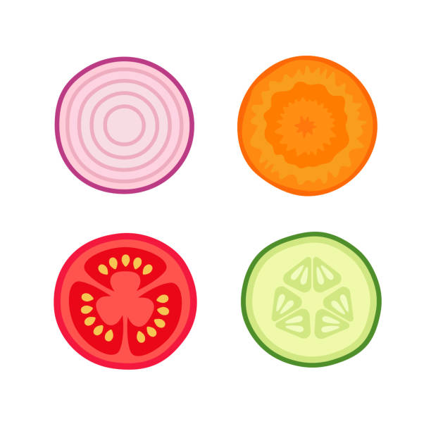 Vector collection of vegetables slices flat design Collection of different fresh vegetables slices: cucumber, tomato, onion and carrot. Vector illustration in flat style isolated on white background tomato slice stock illustrations