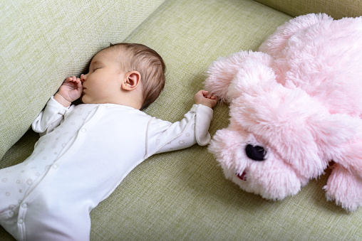Baby sleeps in room, infant dreams on couch at home. Top view of sleeping small baby and pink soft toy on sofa. Little child in romper lying on his back peacefully. Concept of childhood and happiness.
