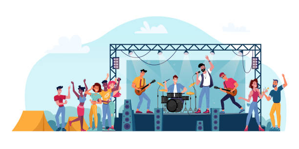 ilustrações de stock, clip art, desenhos animados e ícones de open air festival, rock band on stage isolated musicians and crowd of fans people. vector music players perform on electric guitars, drums kit set, singer sing songs in microphone, summer stage - concert