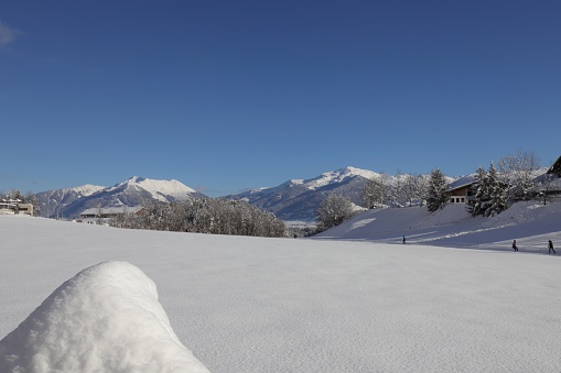 Gnadenwald, Austria - January 16, 2021:Beautiful winter landscape in Gnadenwald after heavy snowfall.