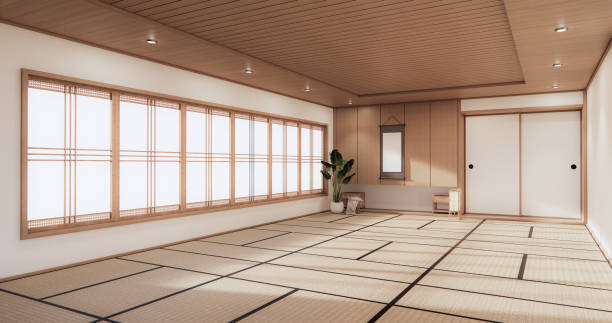 istock 3D rendering white  Japanese style room interior design orinal. 1296861687