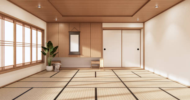 istock 3D rendering white  Japanese style room interior design orinal. 1296861866