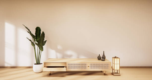 coffret en bois dans la salle vide moderne et le mur blanc sur le modèle japonais blanc de pièce de plancher. rendu 3d - interieur zen photos et images de collection