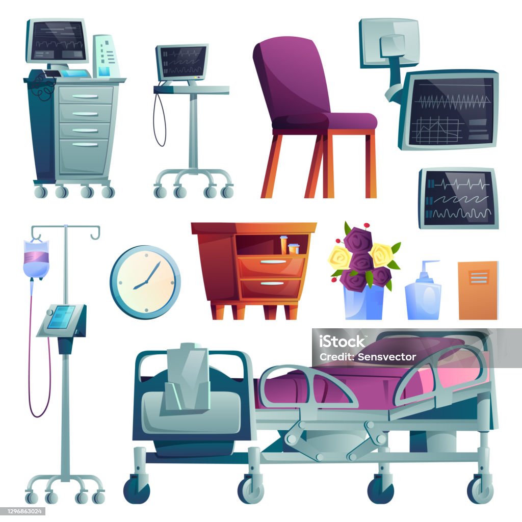 Ilustración de Interior Del Pabellón Del Hospital Y Conjunto De Equipos De Iconos De Dibujos Animados Cama De Recuperación Médica Vectorial Posterior A La Operación Monitores Para La Supervisión Del Paciente Mobiliario Ilustración de Interior Del Pabellón Del Hospital Y Conjunto De Equipos De Iconos De Dibujos Animados Cama De Recuperación Médica Vectorial Posterior A La Operación Monitores Para La Supervisión Del Paciente Mobiliario
