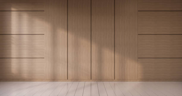 istock Empty white wooden wall on white floor interior design. 3D rendering 1296864289