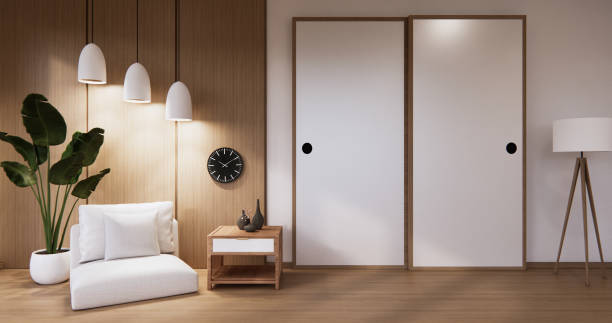 istock Empty  wooden wall design and mini sofa japanese style. 3D rendering 1296864650