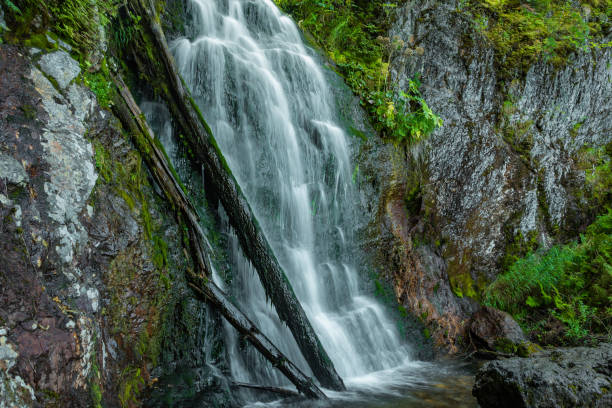 istock Waterfall among green grass. Mountain stream on mossy boulders in summer rainforest. Alpine cascade of rapid flow 1296868008