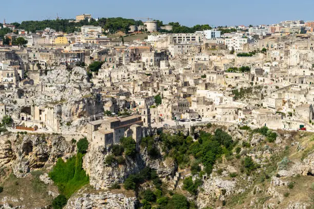 Panorama of Matera historic center viewed form Belvedere Murgia Timone viewpoint, Basilicata, Italy