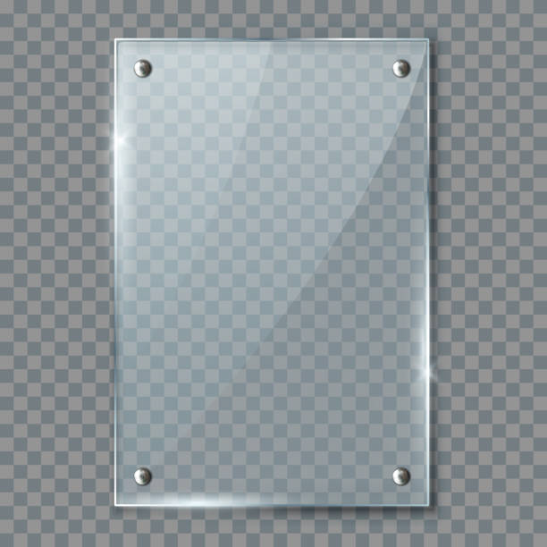 Blank poster in 3d realistic glass or plastic frame hanging on wall isolated on transparent background. Empty photo frame template, banner plexiglass holder mock-up, rectangular name vertical plate Blank poster in 3d realistic glass or plastic frame hanging on wall isolated on transparent background. Empty photo frame template, banner plexiglass holder mock-up, rectangular name vertical plate plexiglas stock illustrations