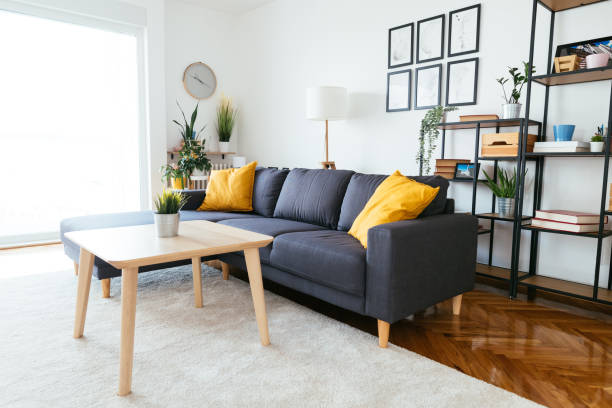 istock Modern living room with gray couch. Short-term rentals during covid-19 lockdown 1296872819
