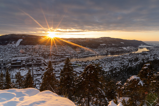 Sunset over Drammen, a town in the Buskerud province of Norway