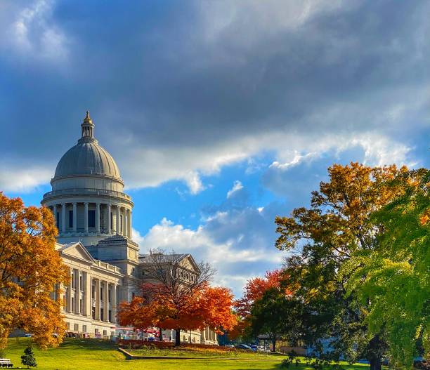 Autumn Vibes at the Arkansas State Capital Colorful Autumn Leaves  Frame the Arkansas State Capital  in Little Rock, AR arkansas stock pictures, royalty-free photos & images
