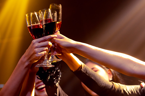 Group of people toast drinks at party in dancing club at night . Social gathering event and nightlife entertainment concept .