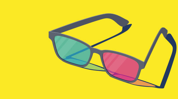istock 3D realistic eyeglasses with red and blue lenses. Vector isometric illustration for home film movie and cinema on a yellow background. 1296878733