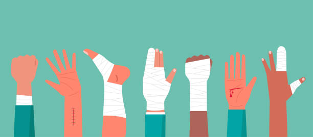 ilustrações, clipart, desenhos animados e ícones de conceito da lesão de trauma humano da mão e do pé - gauze bandage adhesive bandage healthcare and medicine