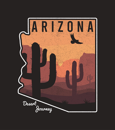 Vintage Arizona t-shirt design with cactus, mountain, eagle and Arizona State map. Typography graphics for tee shirt, retro print with slogan and grunge. Vector illustration.