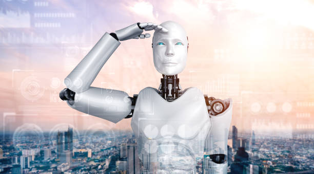 istock Humanoid AI robot looking at hologram screen showing concept of big data 1296884389