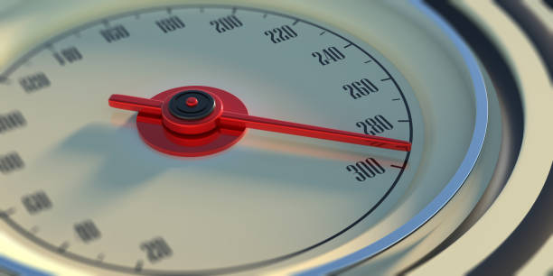 istock Car speedometer, high speed on dashboard gauge closeup view. 3d illustration 1296884814