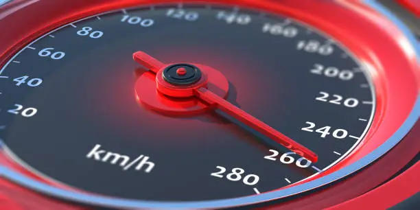 High speed, fast car concept. Auto speedometer, dashboard analog round gauge closeup view. 260 km per hour speed indication, Red and black colors. 3d illustration