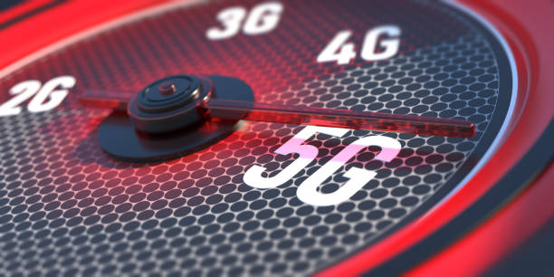 istock 5G High speed network connection. Reaching 5g, speedometer closeup view. 3d illustration 1296884873