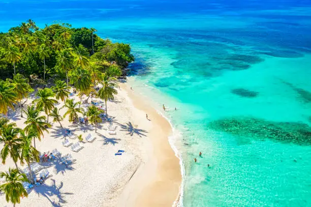 Aerial drone view of the beautiful small island and palm trees of Atlantic Ocean. Cayo Levantado island, Samana, Dominican Republic.