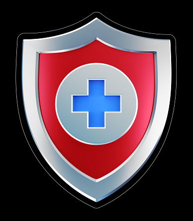 A blue cross in center of circle which are on the metallic shield isolated on black background. 3D rendering graphics on the theme of Health Insurance.