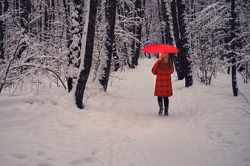 A woman in a red jacket with an umbrella walks in a winter forest among snow-covered trees. The concept of happiness, love and contemplation of the surrounding world