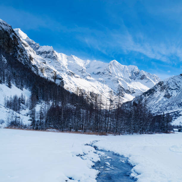 Stream in french alps mountain in winter