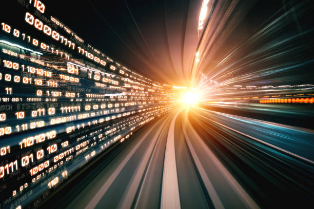 istock Digital data flow on road with motion blur to create vision of fast speed transfer 1296893915