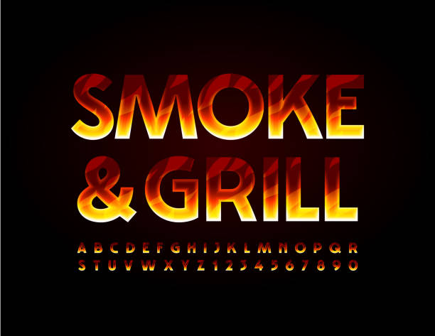ilustraciones, imágenes clip art, dibujos animados e iconos de stock de vector signo en llamas smoke and grill. conjunto de letras y números del alfabeto ardiente - steak chef cooking meat